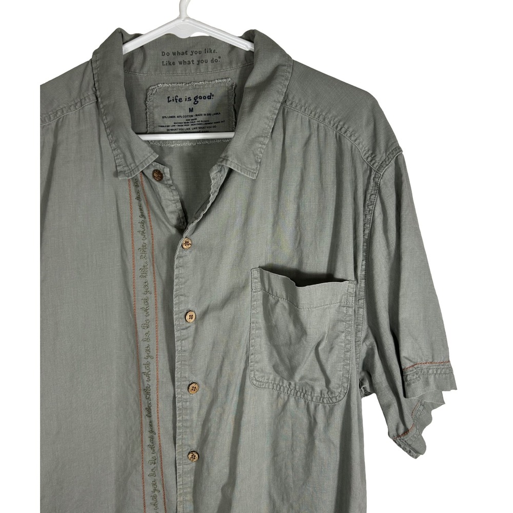 Life is Good Mens Medium Sage Green Linen Cotton Blend Short Sleeve Button Shirt